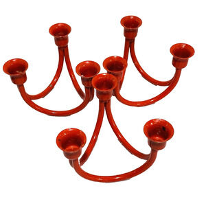 Mod Red Candle Holders Set of 3 Metal Danish Modern Triple Taper Holder Festive